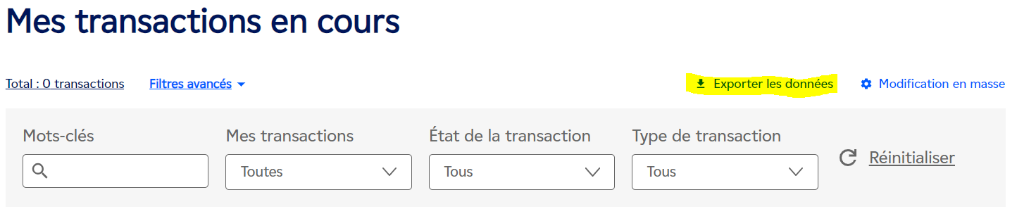 Bouton Exporter les données dans la page Mes transactions
