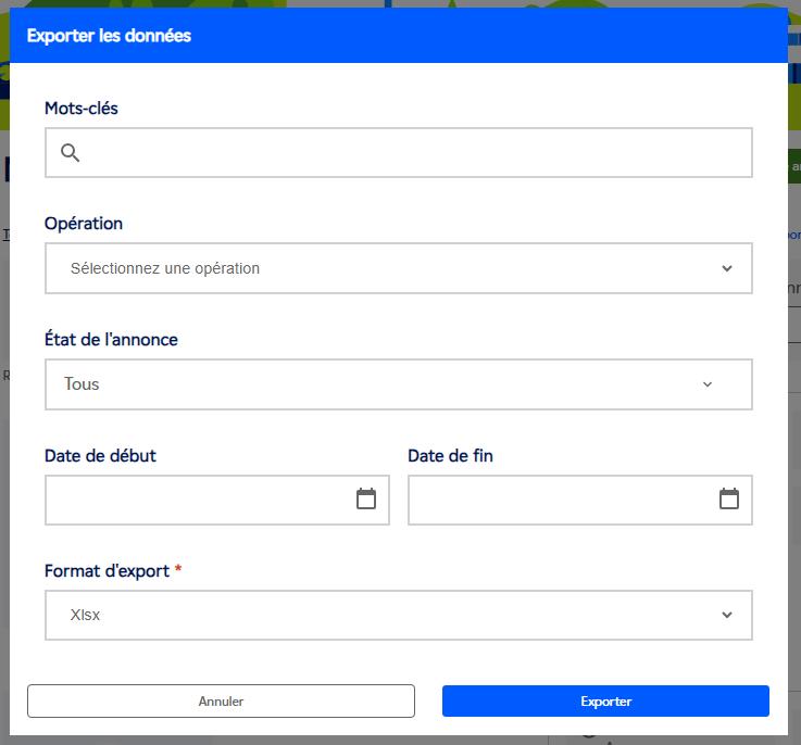 Fenêtre modale d'export des données avec filtres de période (date de début et fin), choix du format de fichier (Xlsx ou Csv) et bouton Exporter pour lancer le téléchargement.